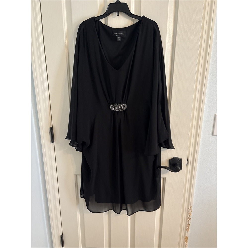 Connected Apparel Black Chiffon Cape Sleeve Rhinestone Empire Waist Dress 16W